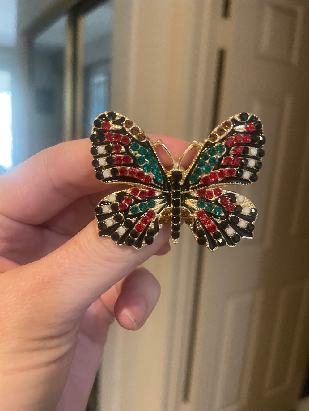 Black & White with red rhinestone butterfly brooch